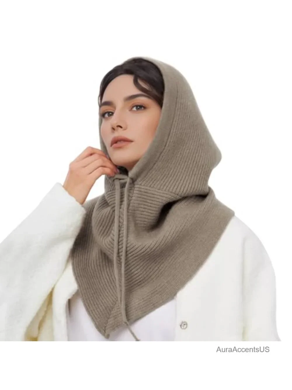 Oversized Knit Balaclava Hooded Scarf Shawl Wrap Winter Neck Gaiter Drawstring